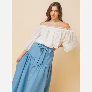 Flower Off-Shoulder Woven Top – Ruffle Edge, Embroidered Sleeves